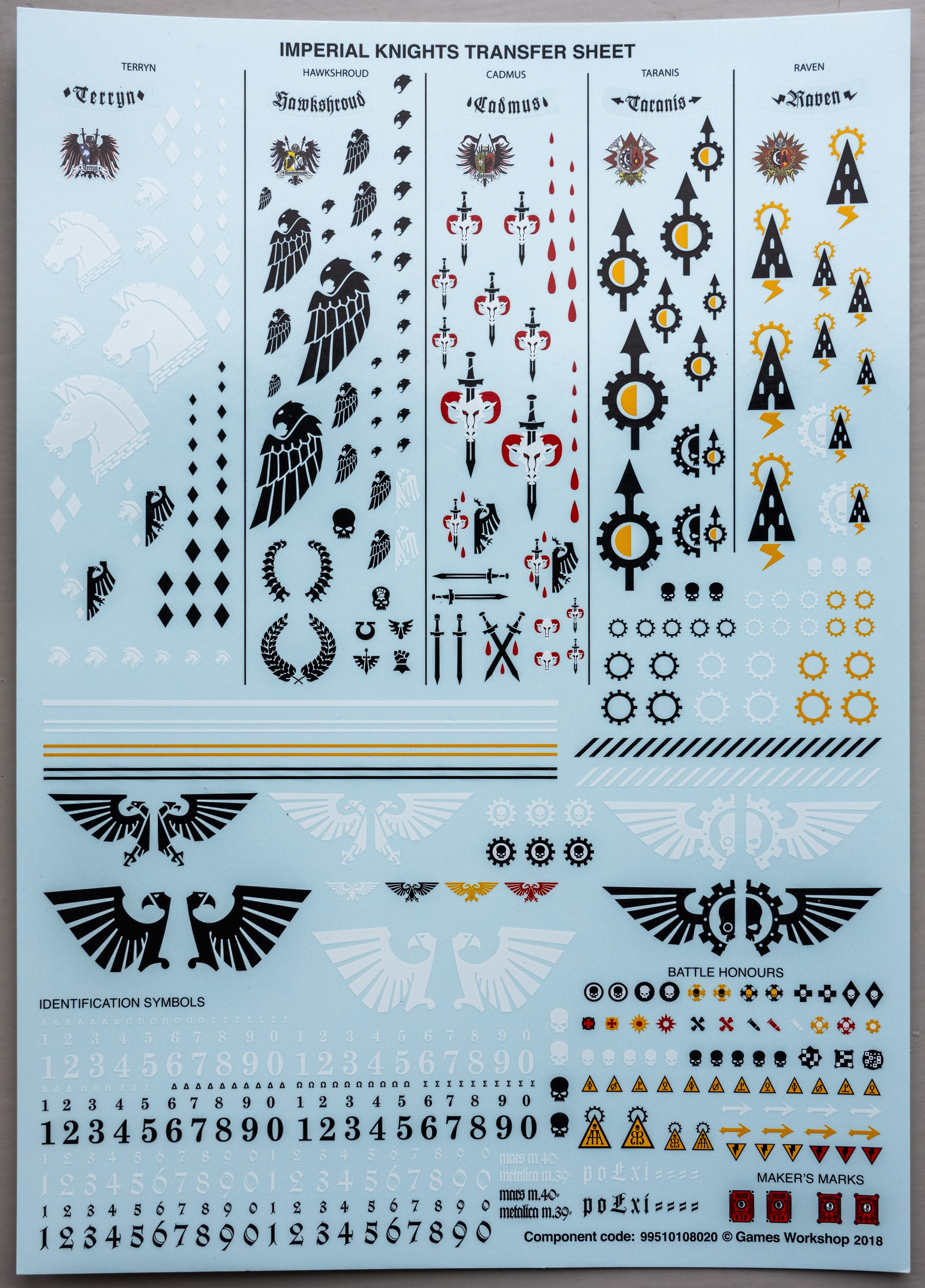 Warhammer 40K Imperial Knights Transfer Sheet - Games Workshop Decals